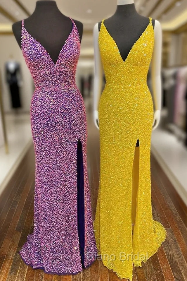 Hight Slit Yellow Sequins Halter Formal Prom Dresses Main image