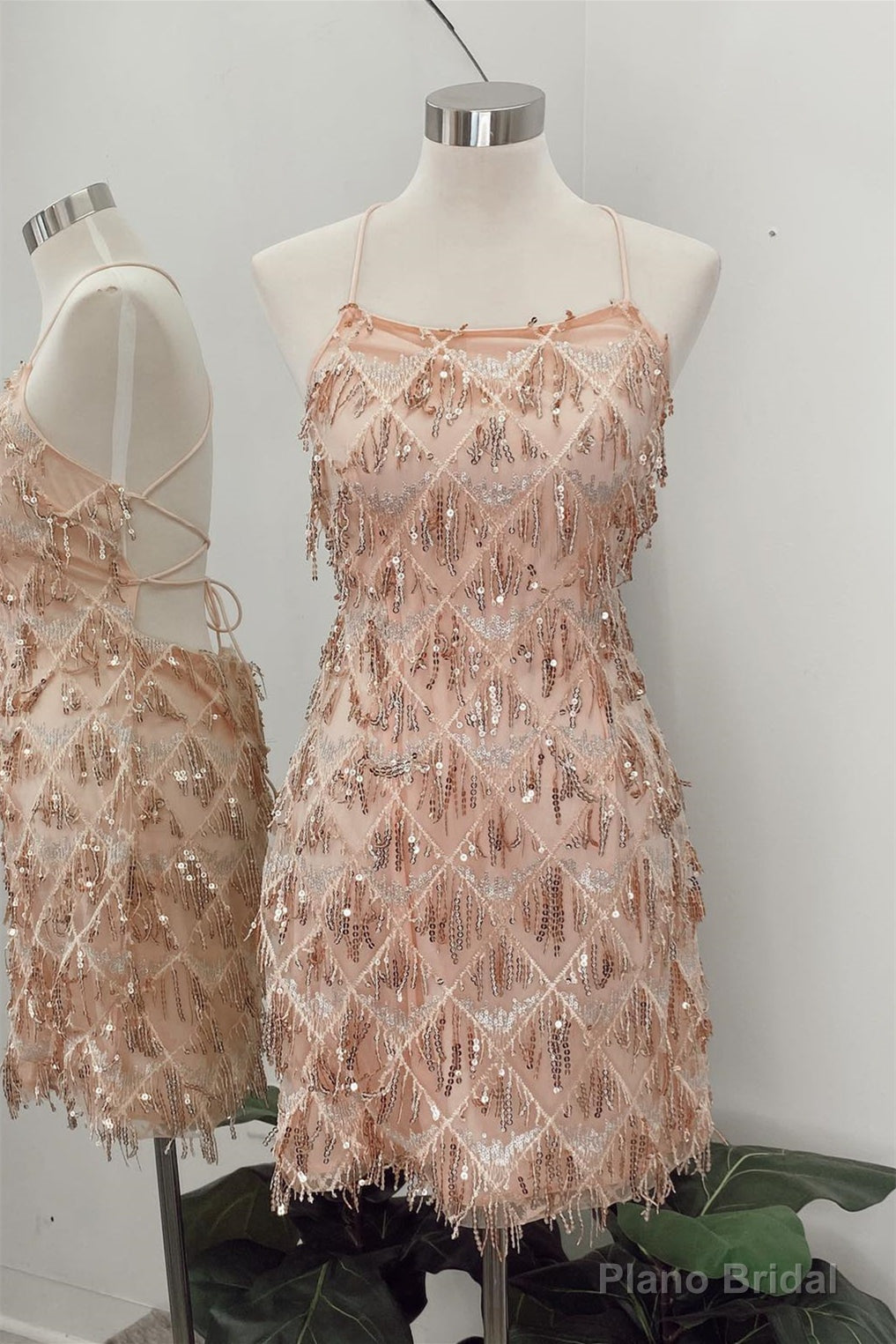 Champagne Lace-Up Tassels Sequins Sheath Homecoming Dress Main image