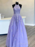 Hot Halter Purple Formal Prom Dresses Lace Long Graduation Formal Dresses
