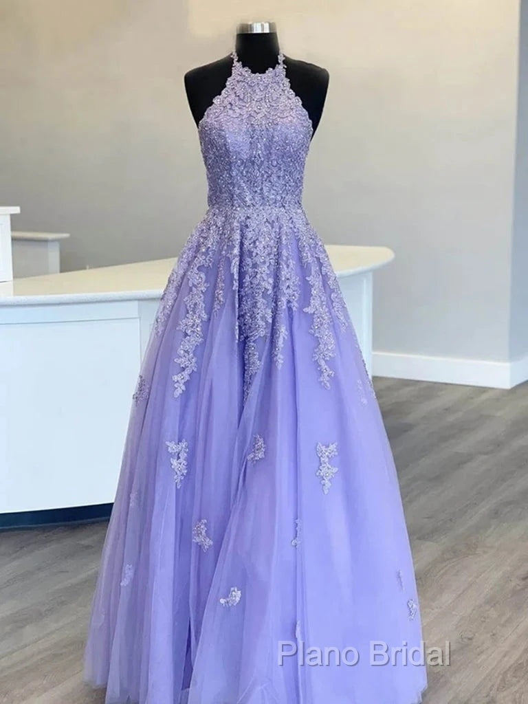Hot Halter Purple Formal Prom Dresses Lace Long Graduation Formal Dresses