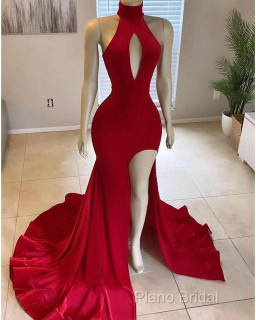 Hot Long Red Formal Prom Dresses High Neck Satin Mermaid Formal Dresses Uk Split Secondary image