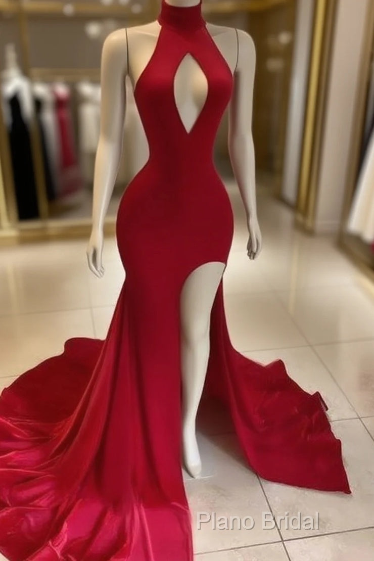 Hot Long Red Formal Prom Dresses High Neck Satin Mermaid Formal Dresses Uk Split Main image