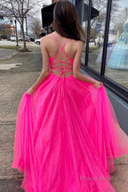 Hot Pink A-Line Tulle Long Prom Dress with Pockets