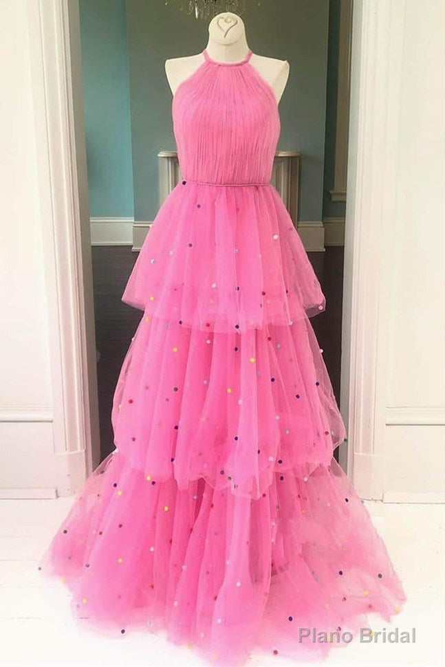 Hot Pink A-Line Tulle Prom Dress with Colorful Dots Main image