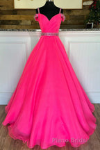 Hot Pink Beaded Cold-Shoulder A-Line Formal Prom Dresses