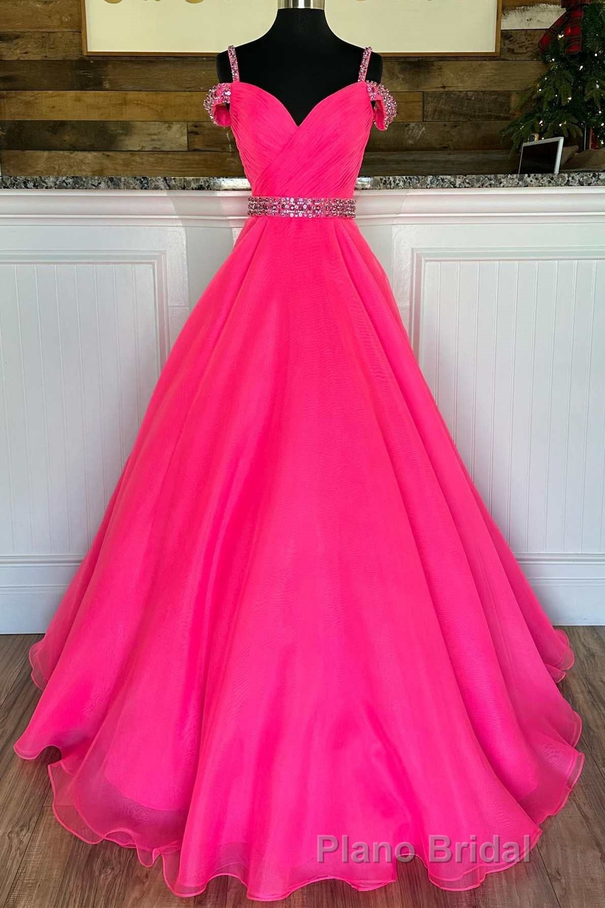 Hot Pink Beaded Cold-Shoulder A-Line Formal Prom Dresses
