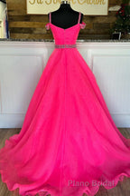 Hot Pink Beaded Cold-Shoulder A-Line Formal Prom Dresses