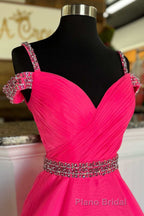 Hot Pink Beaded Cold-Shoulder A-Line Formal Prom Dresses