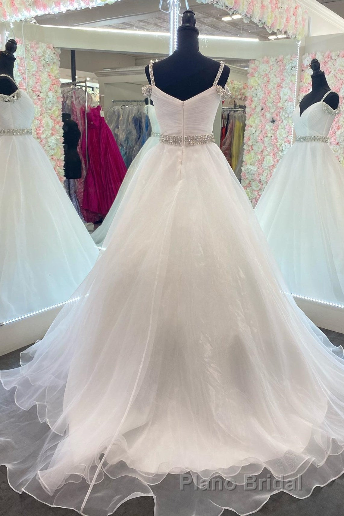 Hot Pink Beaded Cold-Shoulder A-Line Formal Prom Dresses