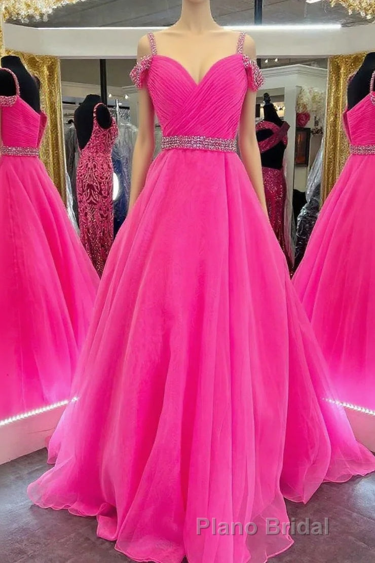 Hot Pink Beaded Cold-Shoulder A-Line Formal Prom Dresses Main image