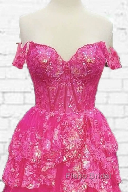 Hot Pink Lace Off Shoulder Tiered Formal Prom Dresses With Slit Secondary image