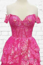 Hot Pink Lace Off Shoulder Tiered Formal Prom Dresses With Slit
