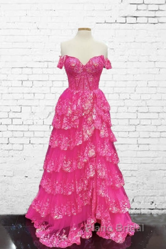 Hot Pink Lace Off Shoulder Tiered Formal Prom Dresses With Slit
