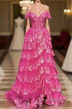 Hot Pink Lace Off Shoulder Tiered Formal Prom Dresses With Slit