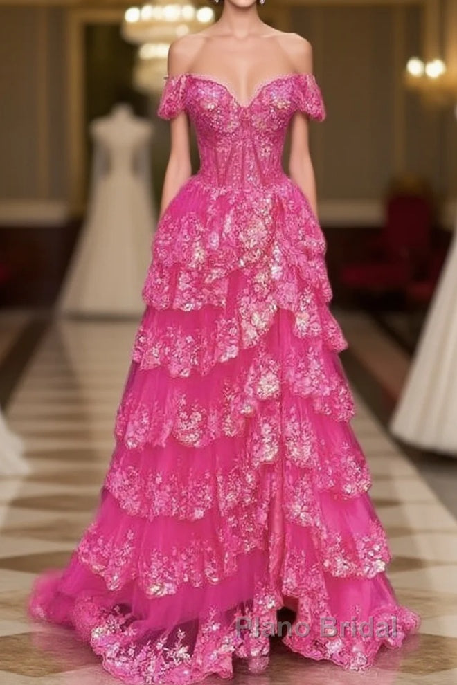 Hot Pink Lace Off Shoulder Tiered Formal Prom Dresses With Slit