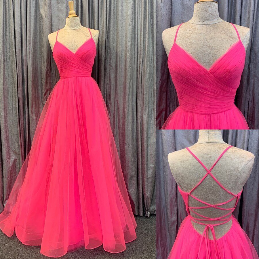 Hot Pink V-Neck Lace-Up Back Pleated A-Line Tulle Empire-Waist Long Formal Prom Dresses