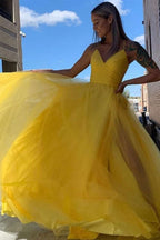 Hot Pink V-Neck Lace-Up Back Pleated A-Line Tulle Empire-Waist Long Formal Prom Dresses