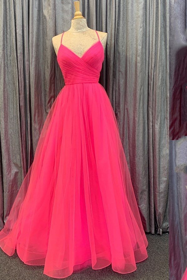 Hot Pink V-Neck Lace-Up Back Pleated A-Line Tulle Empire-Waist Long Formal Prom Dresses Main image