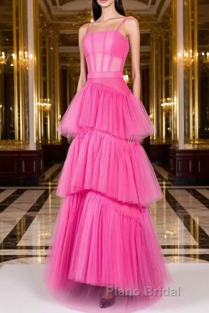 Hot Pink Long Tulle Formal Prom Dresses, Hot Pink Long Tulle Formal Evening Dresses Main image