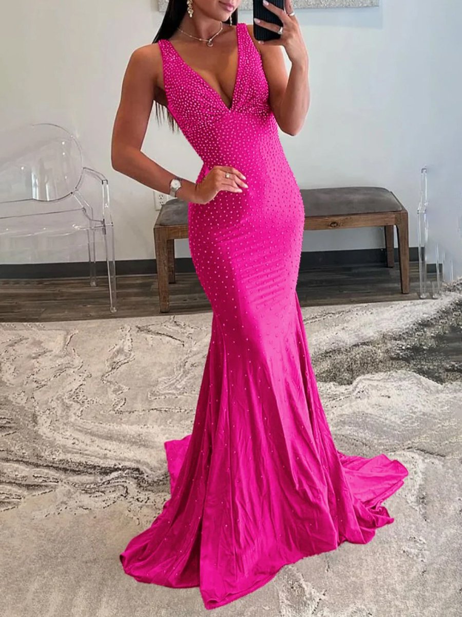 Hot Pink Mermaid Deep V-Neck Beaded Satin Long Prom Dress