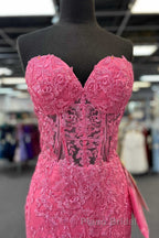 Hot Pink Mermaid Lace Formal Prom Dresses, Hot Pink Mermaid Lace Formal Evening Dresses