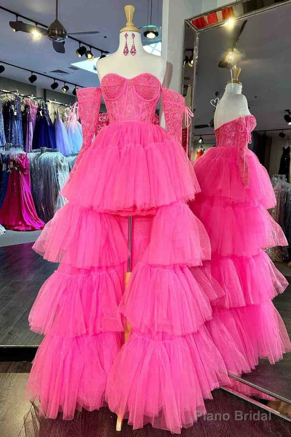 Hot Pink Off-Shoulder A-line Tulle Layers Applique Hi-Low Prom Dress Main image