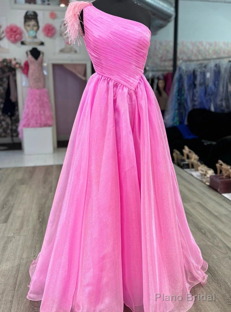 Hot Pink One Shoulder Pleats Feather Prom Dress Main image