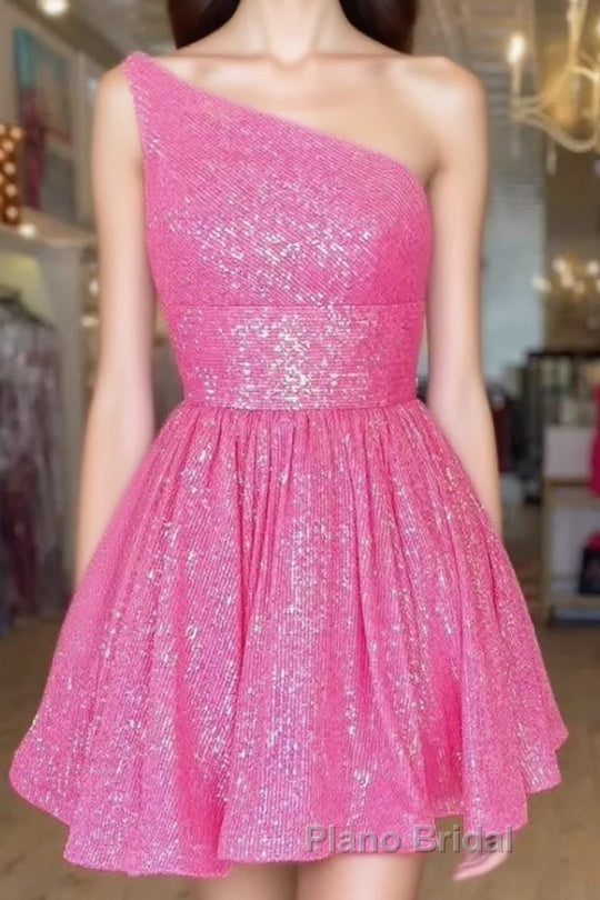 Hot Pink Formal Prom Dress One Shoulder A Line Short Homecoming Dress Sequins Main image