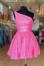 Hot Pink Formal Prom Dress One Shoulder A Line Short Homecoming Dress Sequins