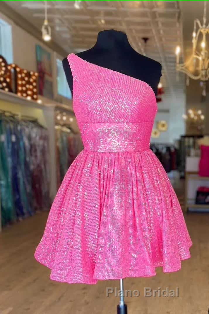 Hot Pink Formal Prom Dress One Shoulder A Line Short Homecoming Dress Sequins Secondary image