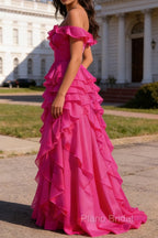 Hot Pink Ruffled A-Line Square Neck Long Prom Dress