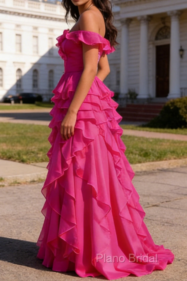 Hot Pink Ruffled A-Line Square Neck Long Prom Dress