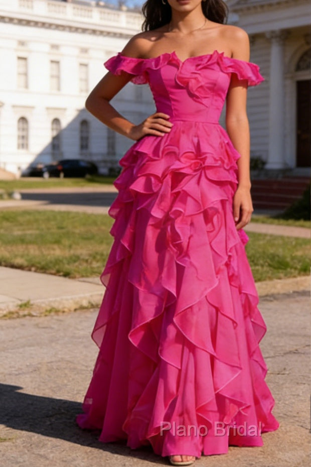 Hot Pink Ruffled A-Line Square Neck Long Prom Dress Main image