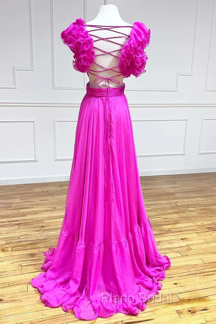 Hot Pink Ruffles Lace-Up Back A-Line Formal Prom Dresses, Formal Evening Dresses