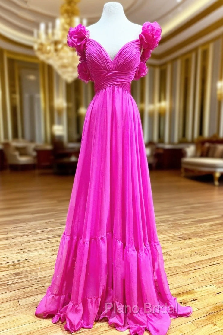 Hot Pink Ruffles Lace-Up Back A-Line Formal Prom Dresses, Formal Evening Dresses Main image