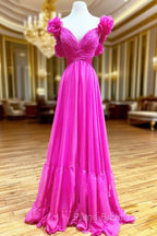 Hot Pink Ruffles Lace-Up Back A-Line Formal Prom Dresses, Formal Evening Dresses