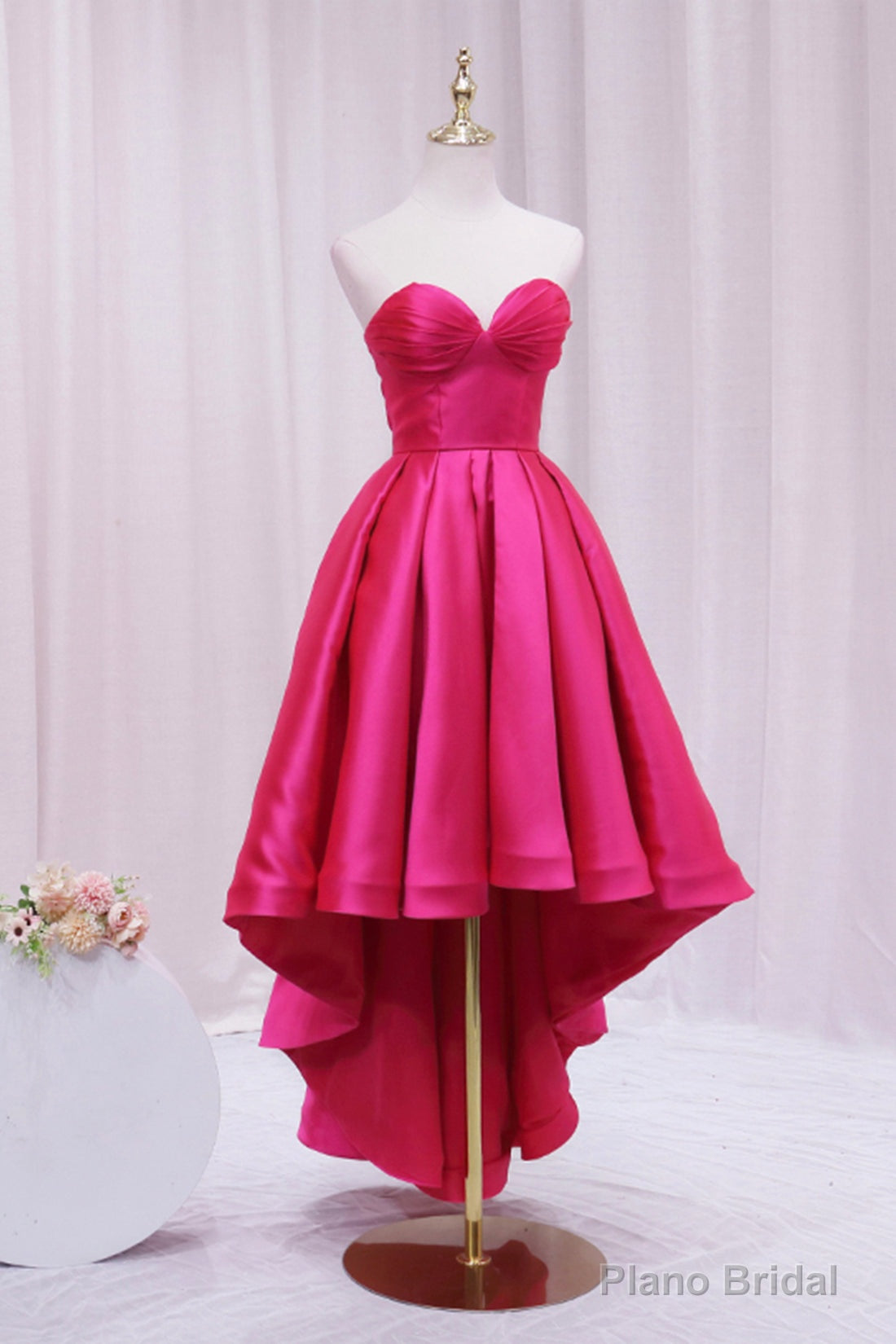 Hot Pink Satin High Low Prom Dress, Cute Sweetheart Neck Evening Party Dress