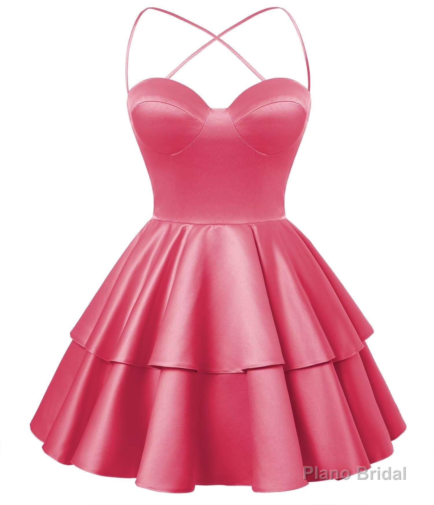 Hot Pink Satin Homecoming Dress Sweetheart Neck Tiered Short Graduation Dresses Main image