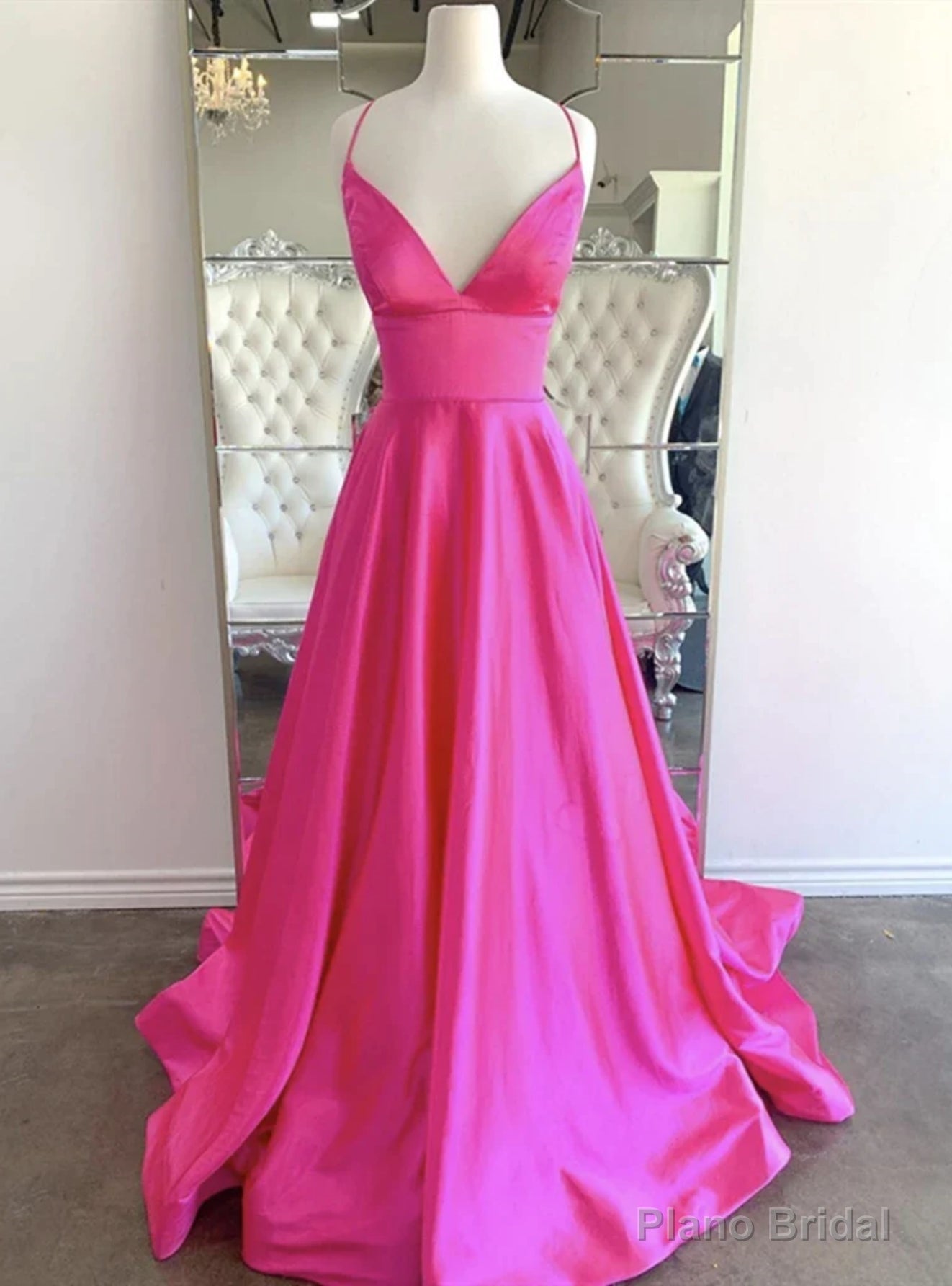 Hot Pink Satin Spaghetti Straps Prom Dress Main image