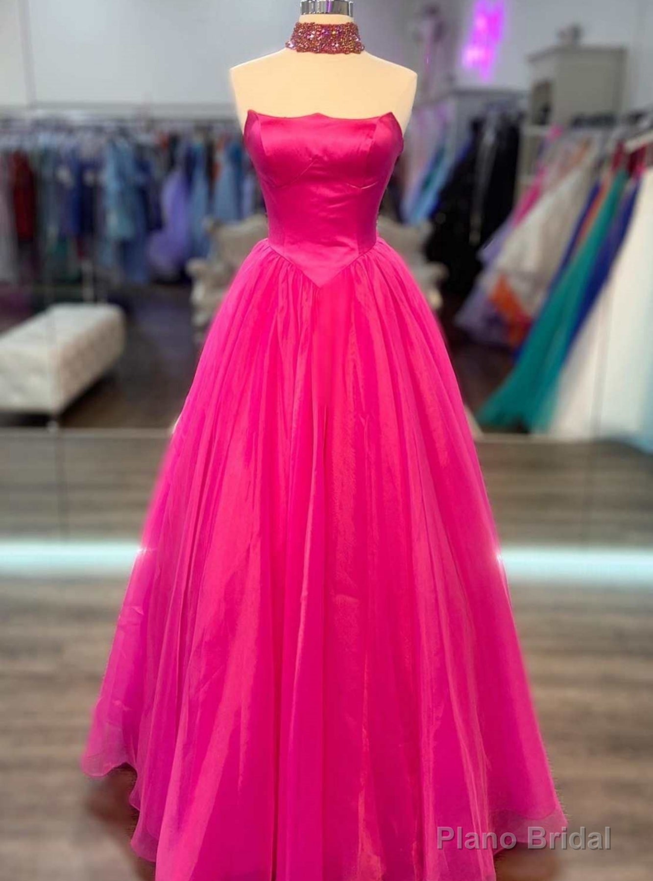 Hot Pink Satin Tulle Strapless Prom Dress Main image