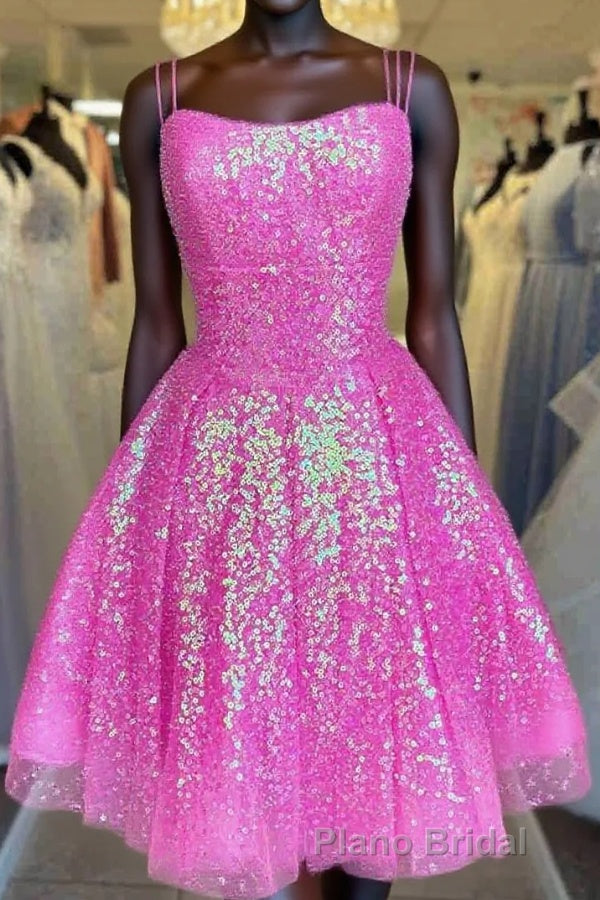 Hot Pink Sequins A-Line Homecoming Dresses