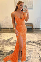 Hot Pink Sequins Glitter Prom Dress with Slit