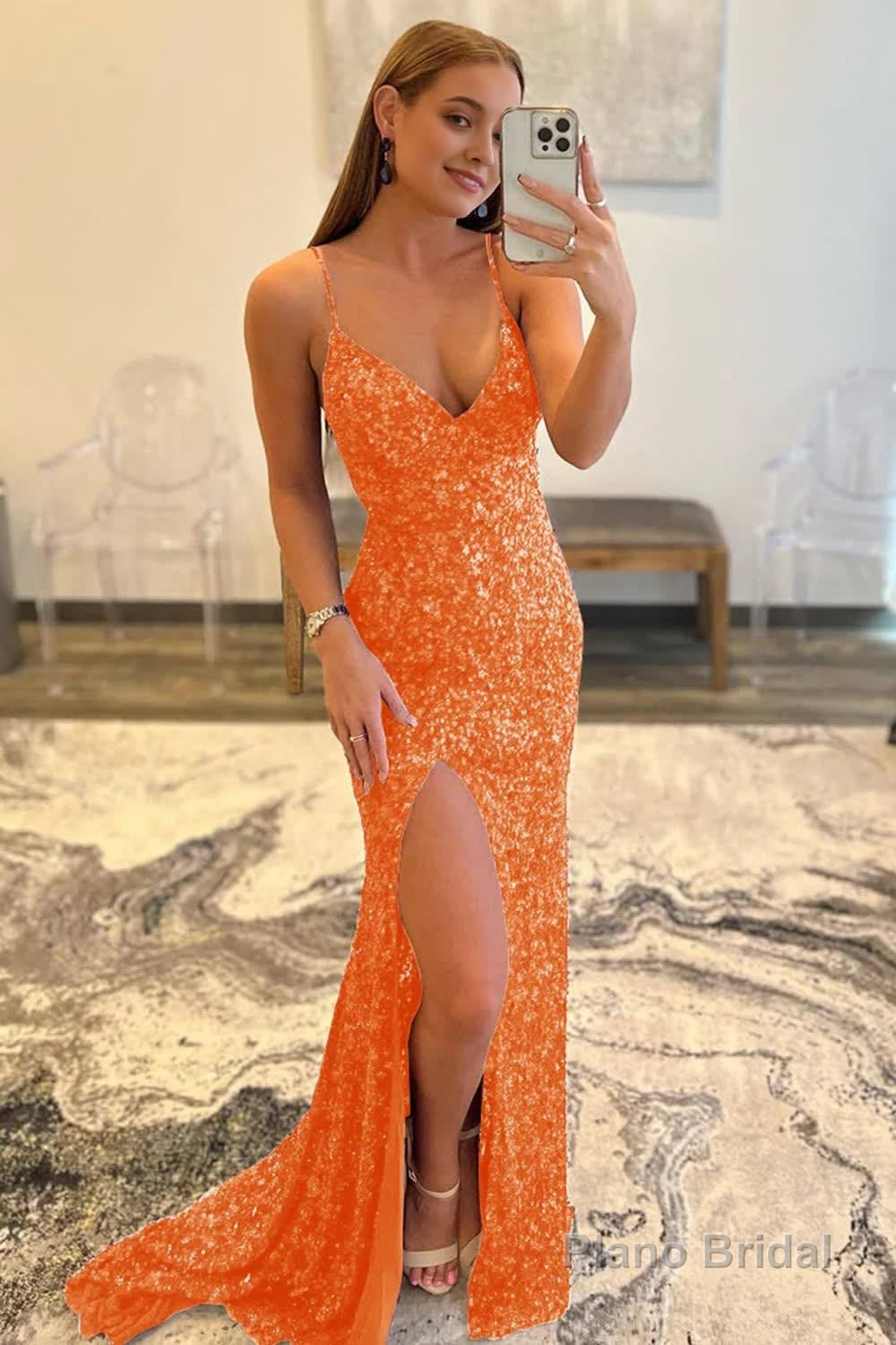 Hot Pink Sequins Glitter Prom Dress with Slit