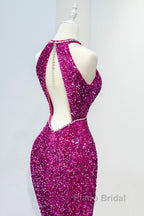 Hot Pink Sequins Long Formal Prom Dresses, Mermaid Backless Evening Dresses