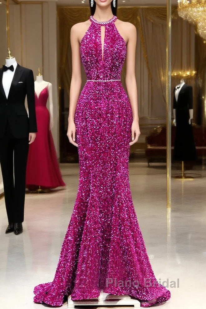 Hot Pink Sequins Long Formal Prom Dresses, Mermaid Backless Evening Dresses Main image