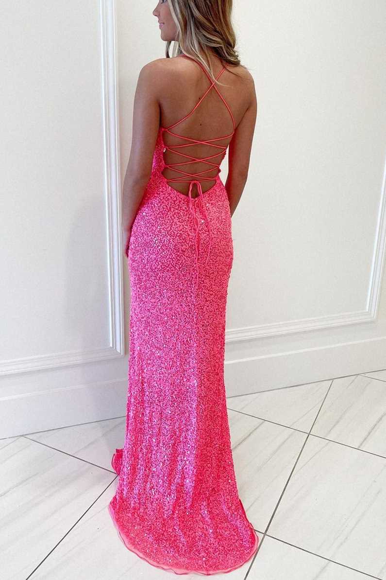 Hot Pink Sequins Mermaid Long Formal Prom Dresses Secondary image