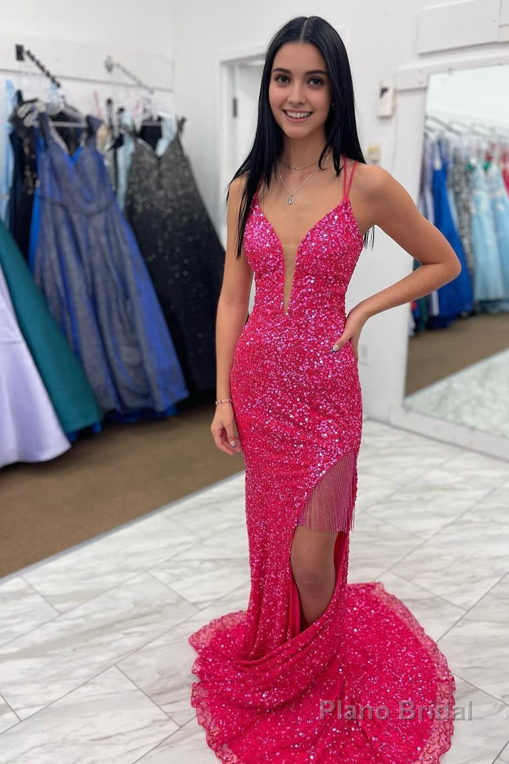 Hot Pink Sequins Mermaid Prom Dress with Fringes Main image