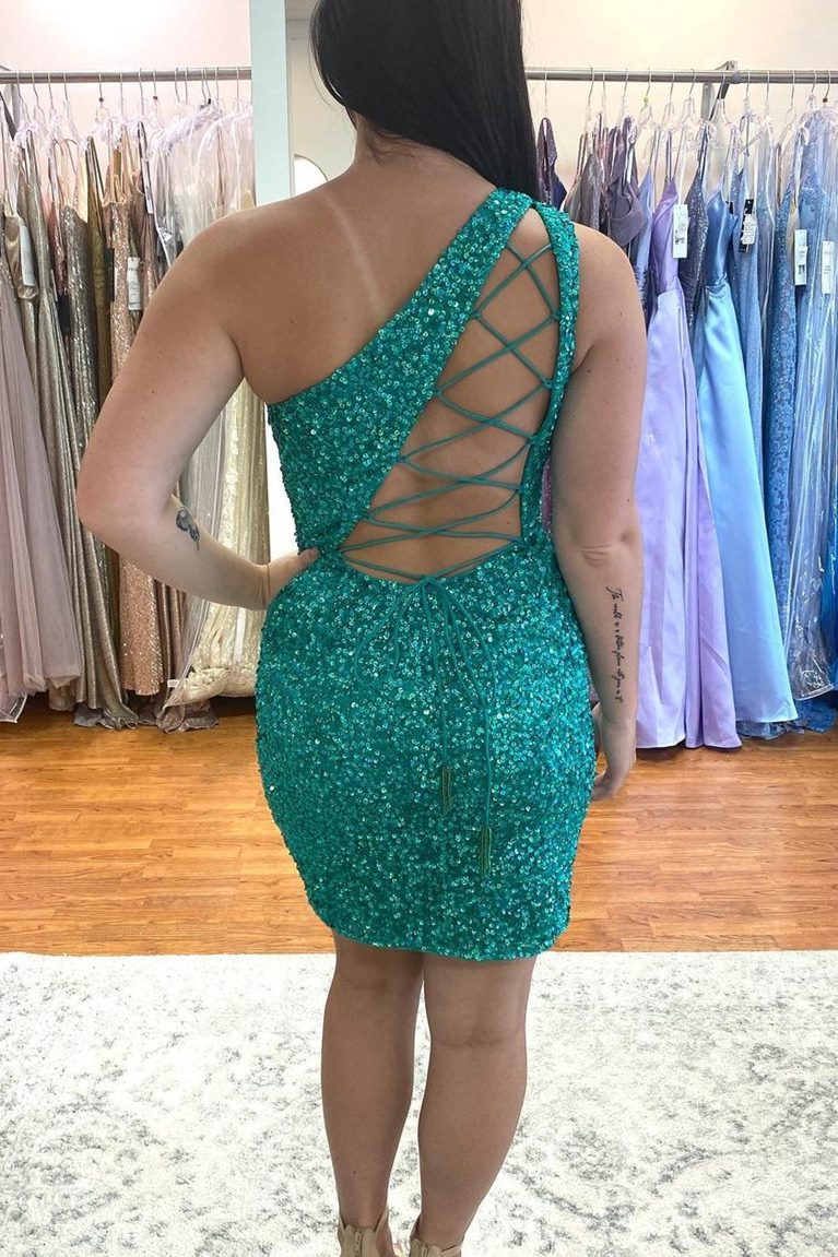 Hot Pink Sequins Tight One Shoulder Homecoming Dresses