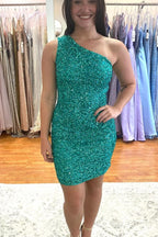 Hot Pink Sequins Tight One Shoulder Homecoming Dresses
