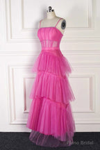 Hot Pink Spaghetti Straps A-Line Tulle Tiered Long Party Dress